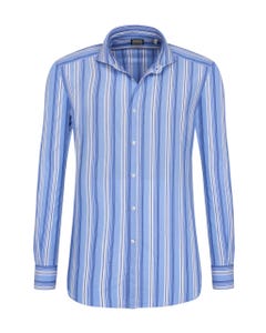 Camicia trendy azzurra a righe bianche e blu, slim francese_0