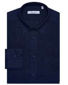 Camicia fancy in lino blu scuro, con taschino, slim button down_0