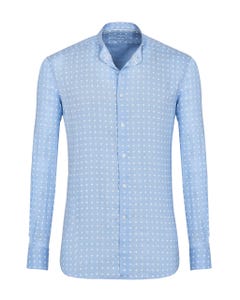 Camicia trendy in lino azzurra con microfantasia floreale, slim collo coreana_0