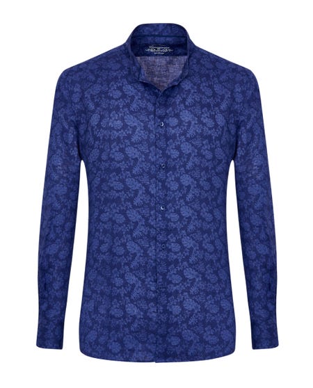 Camicia trendy in lino blu con fantasia collo coreana
