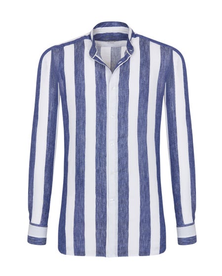 Camicia trendy linorigata blu e bianca collo coreana_0